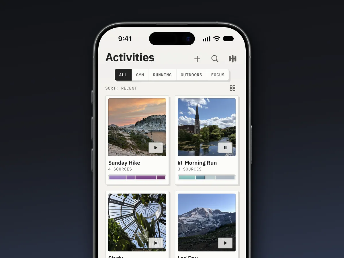 Lytra’s Activities screen: a grid of activity cards, each with a photo and a segmented mix bar.