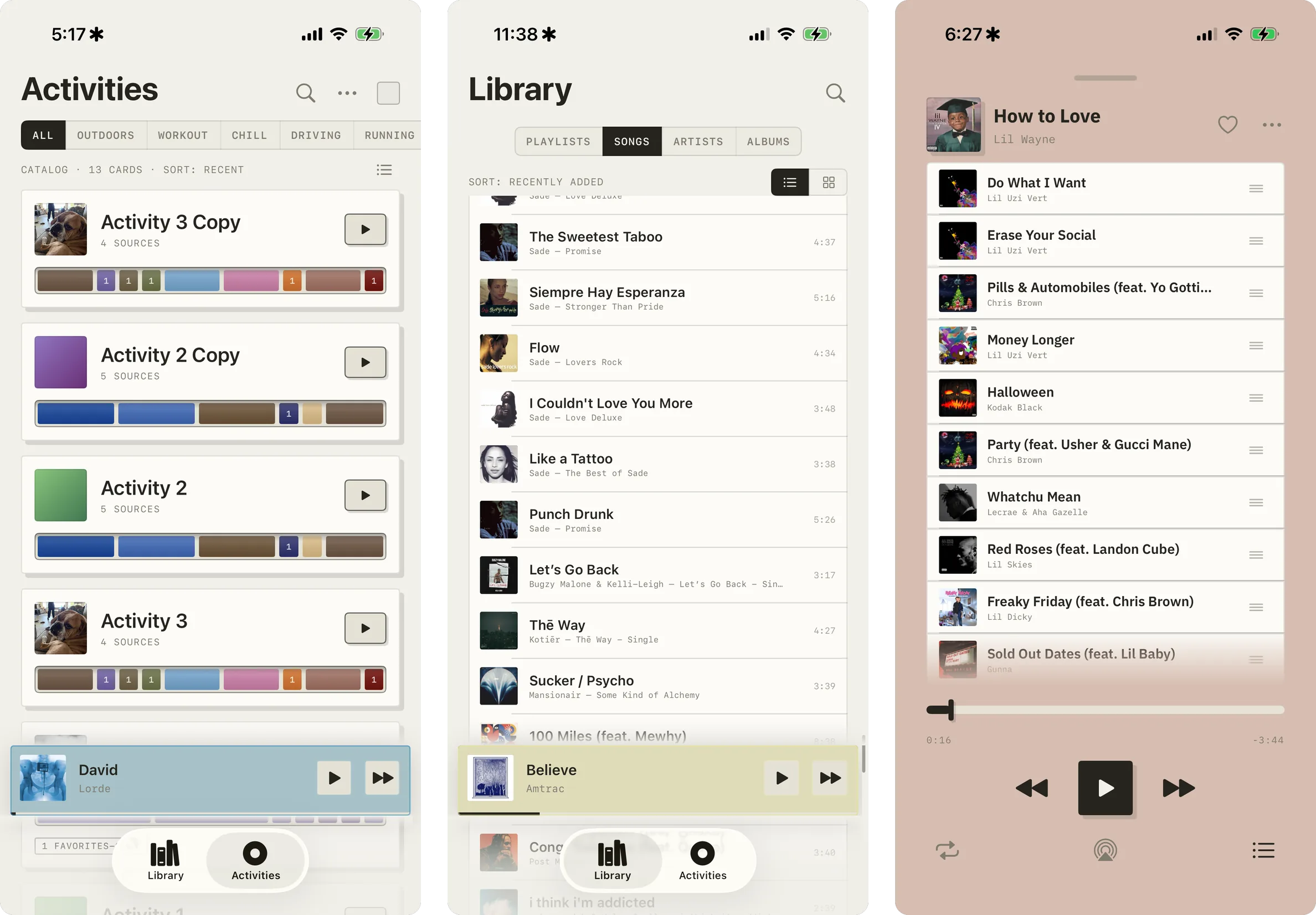 Three screens from one of the first Lytra prototypes, side by side: the Activities list with early mix bars, the Library list, and a now-playing queue.