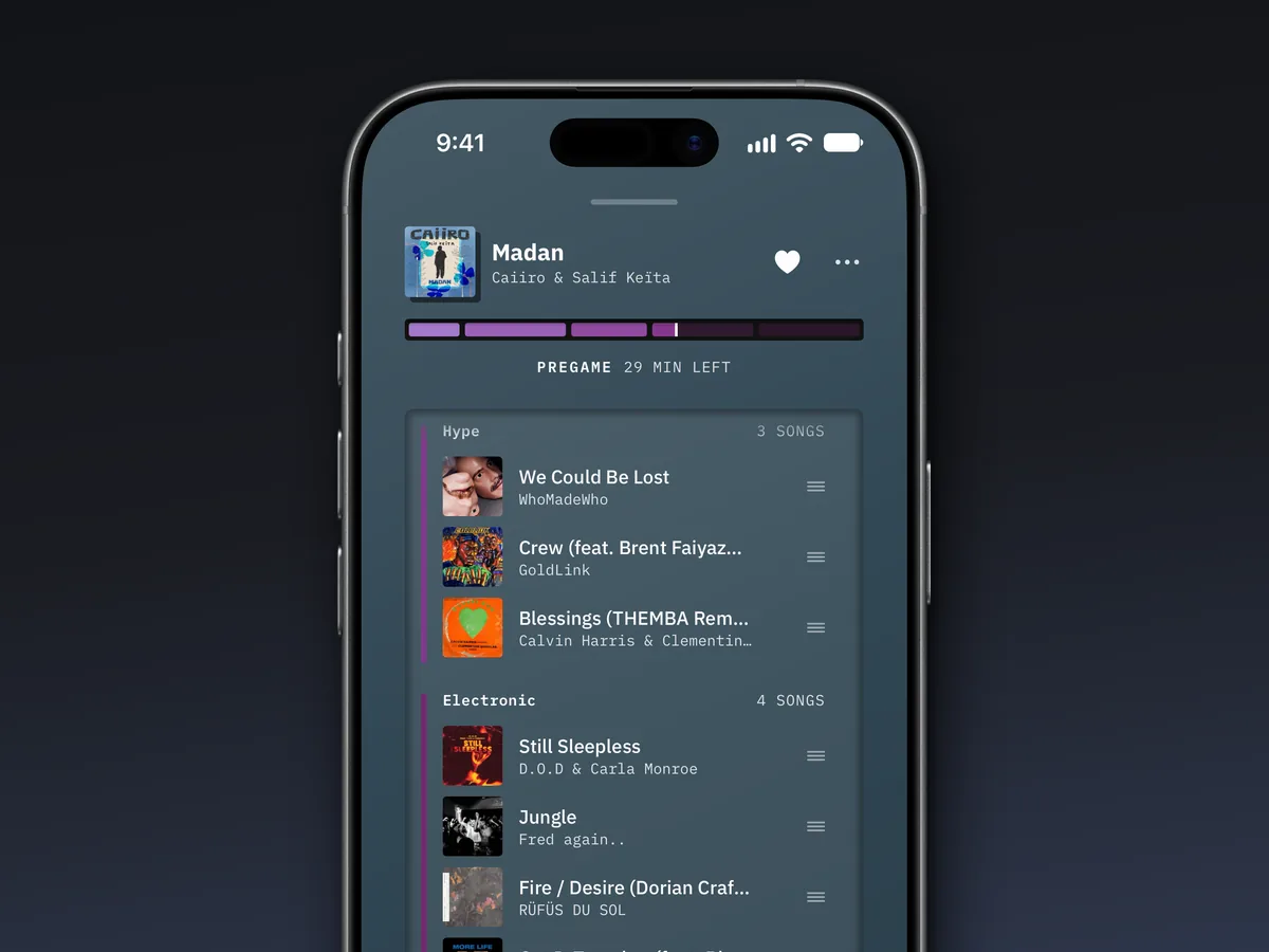 Lytra’s queue screen with the now-playing track, the segmented mix bar, and upcoming songs grouped by source.