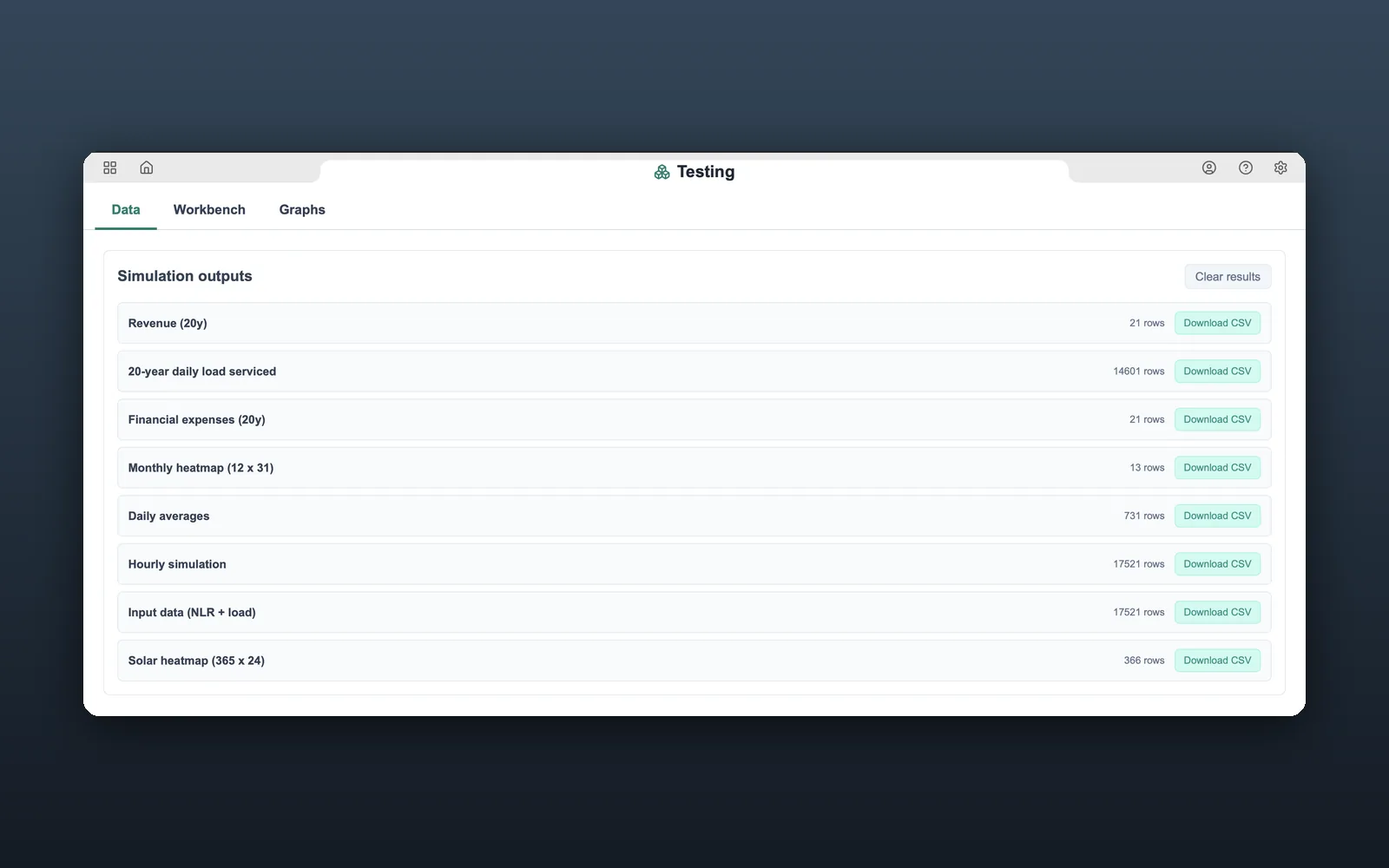 The Data tab listing eight simulation outputs, each with a row count and a Download CSV button.