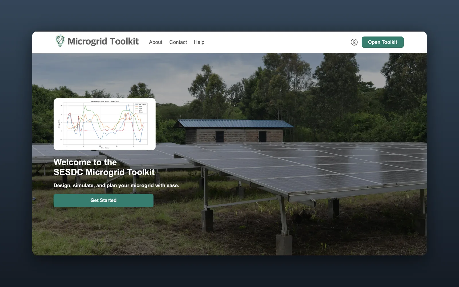 The SESDC Toolkit landing page: a solar array in a field under the heading Welcome to the SESDC Microgrid Toolkit.